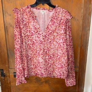 J. Crew Pink Floral Blouse with ruffle collar and sleeves.